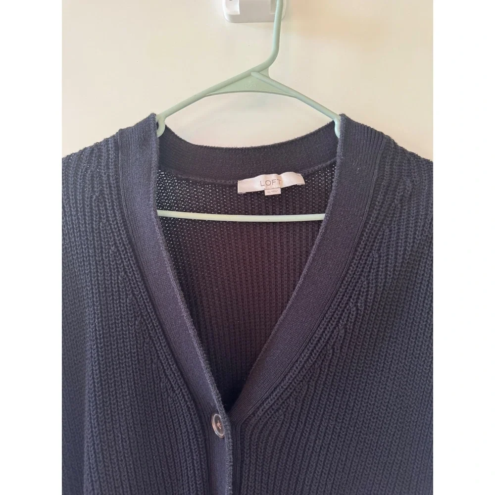 Loft Womens XL Black Cotton Shaker Knit Button Front Cardigan Sweater Pockets